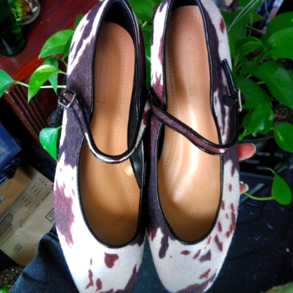 Ballet Mary Jane Flats in Brown & White Cowhide Print - Picture 3 of 14